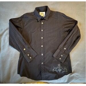 S T Shirt Black Pinstripe Button Up Long Sleeve Crest Design Size L